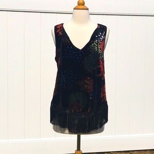 NWT Band of Gypsies Black Velvet Floral Top with Fringe Size Medium